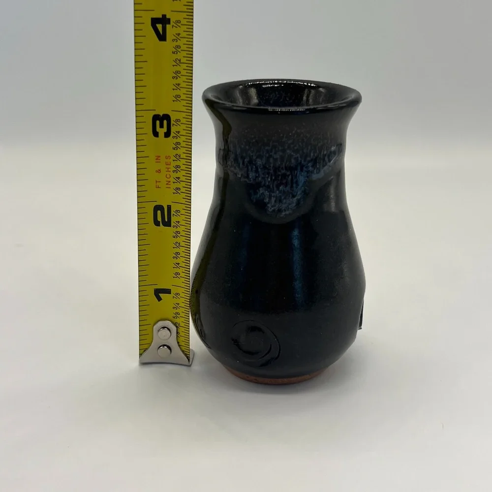 Black Pottery Bud Vase‎ with Swirls Slight Ombre Neck Artist Signed Minimalist